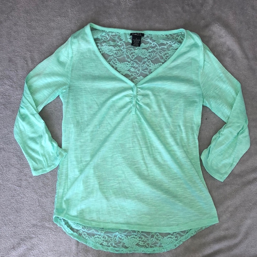 Rue 21 Mint green shirt. Quarter sleeve. Lace back
